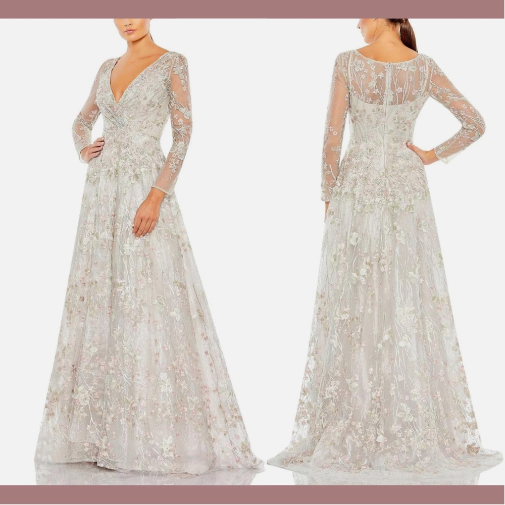 NWD $798 Mac Duggal‎ [ 18 ] Embellished Wrap Over Long Sleeve A Line Gown